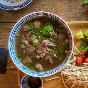 top view of bowl of pho with crunchy flank