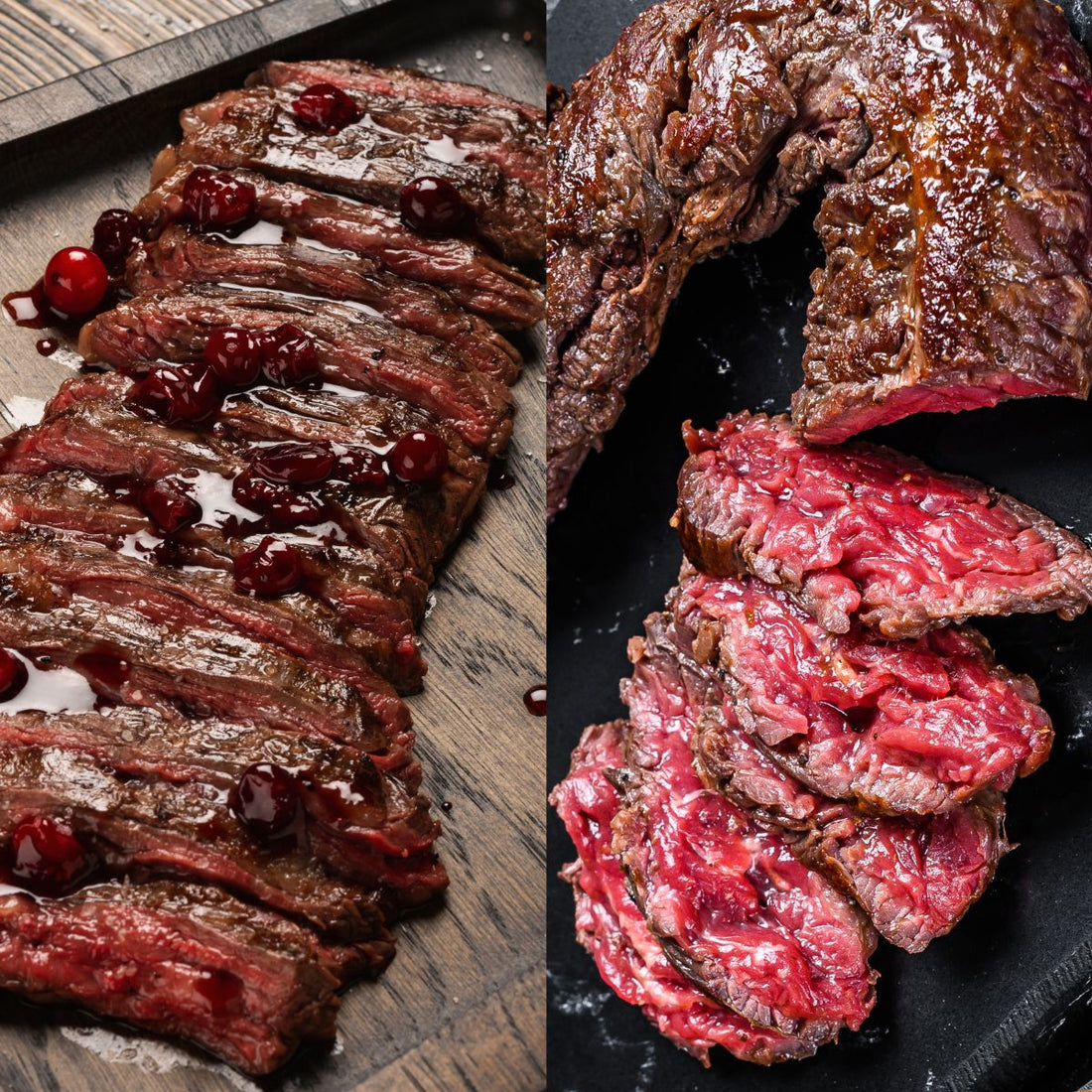 top view of hanger steak vs skirt steak