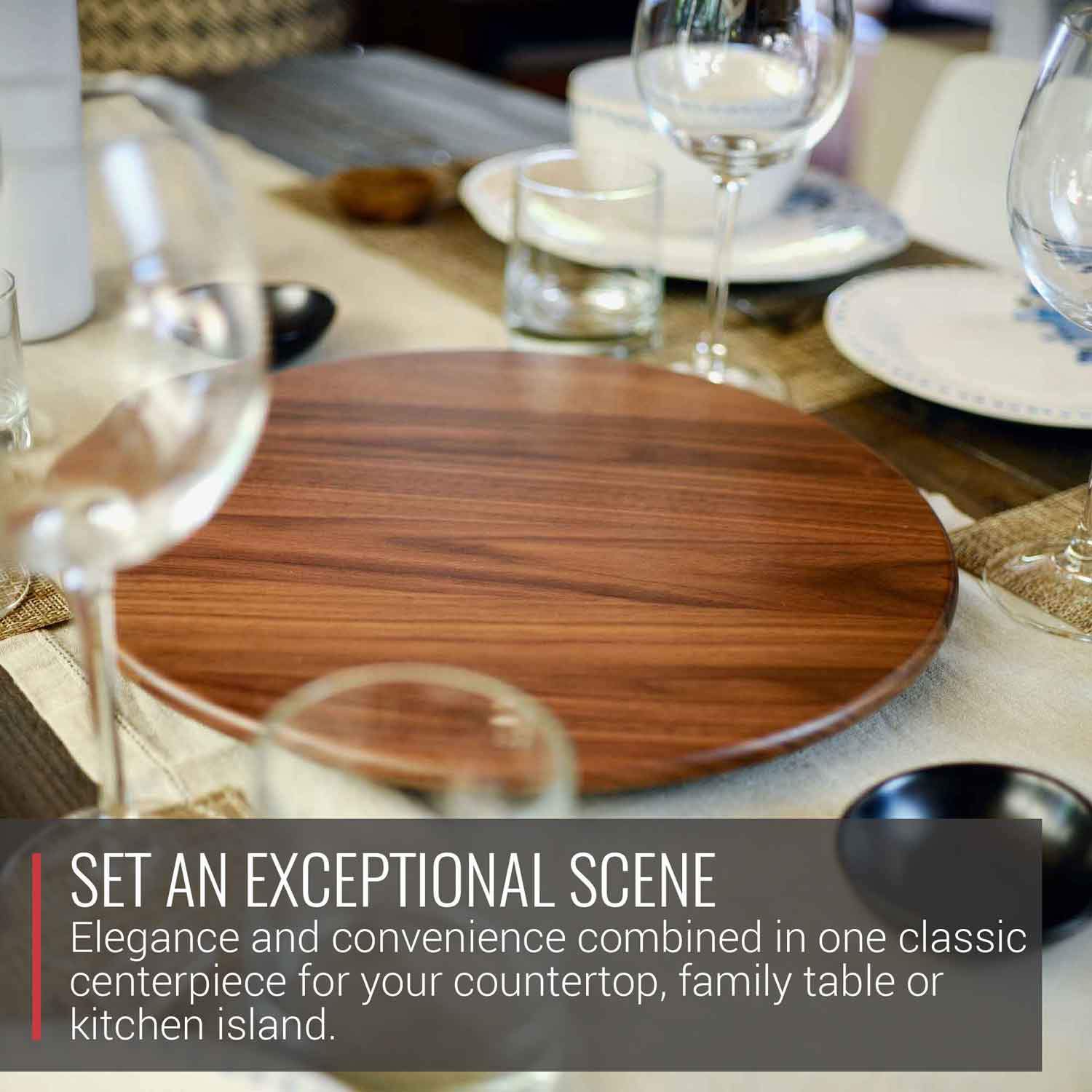 Virginia Boys Kitchens Serving Tray 13.5 Inch Round Walnut Wood Lazy Susan Centerpiece with Smooth 360 Degree Rotation