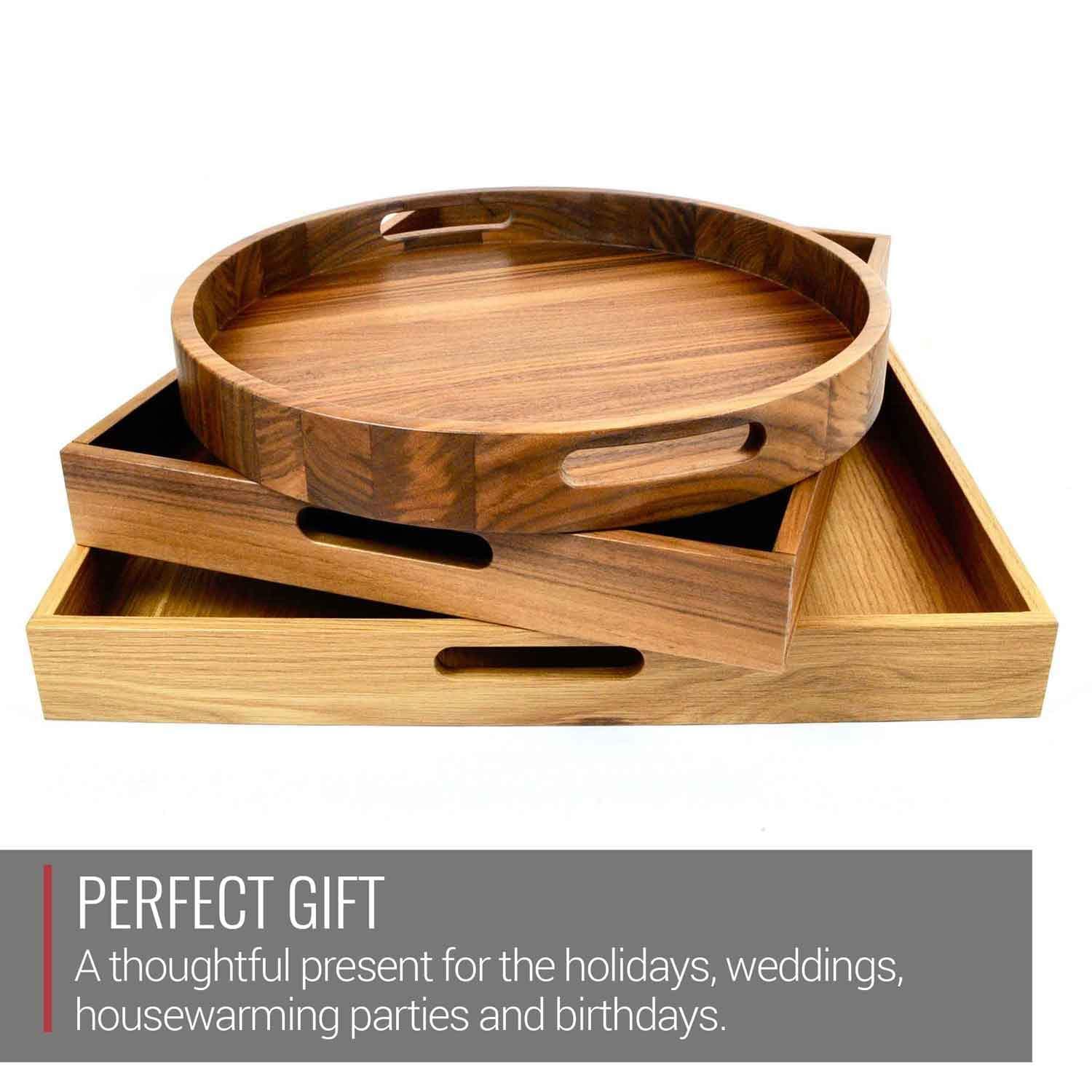 Virginia Boys Kitchens Serving Tray 16.5 Inch Round Walnut Wood Serving and Coffee Table Tray with Handles