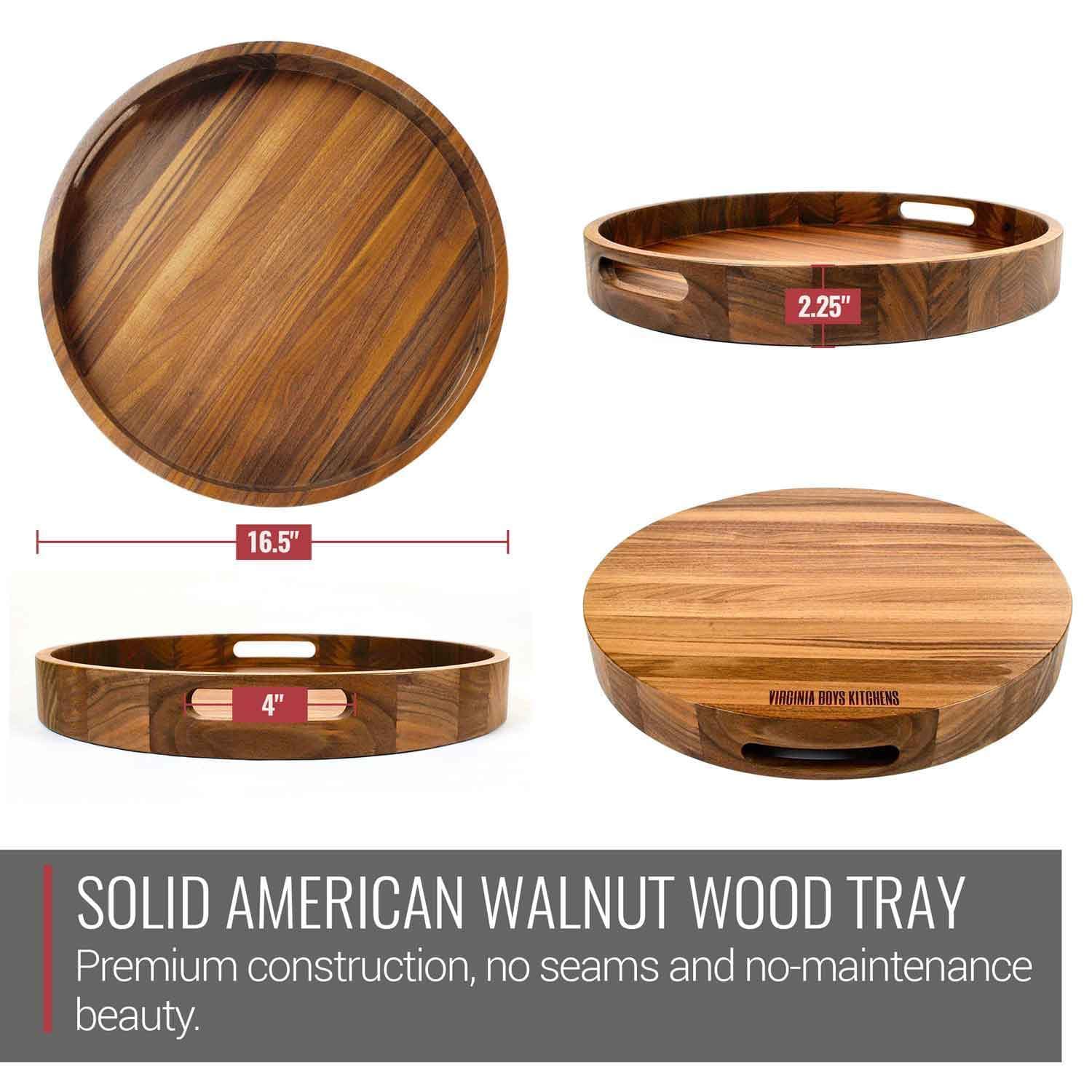 Virginia Boys Kitchens Serving Tray 16.5 Inch Round Walnut Wood Serving and Coffee Table Tray with Handles