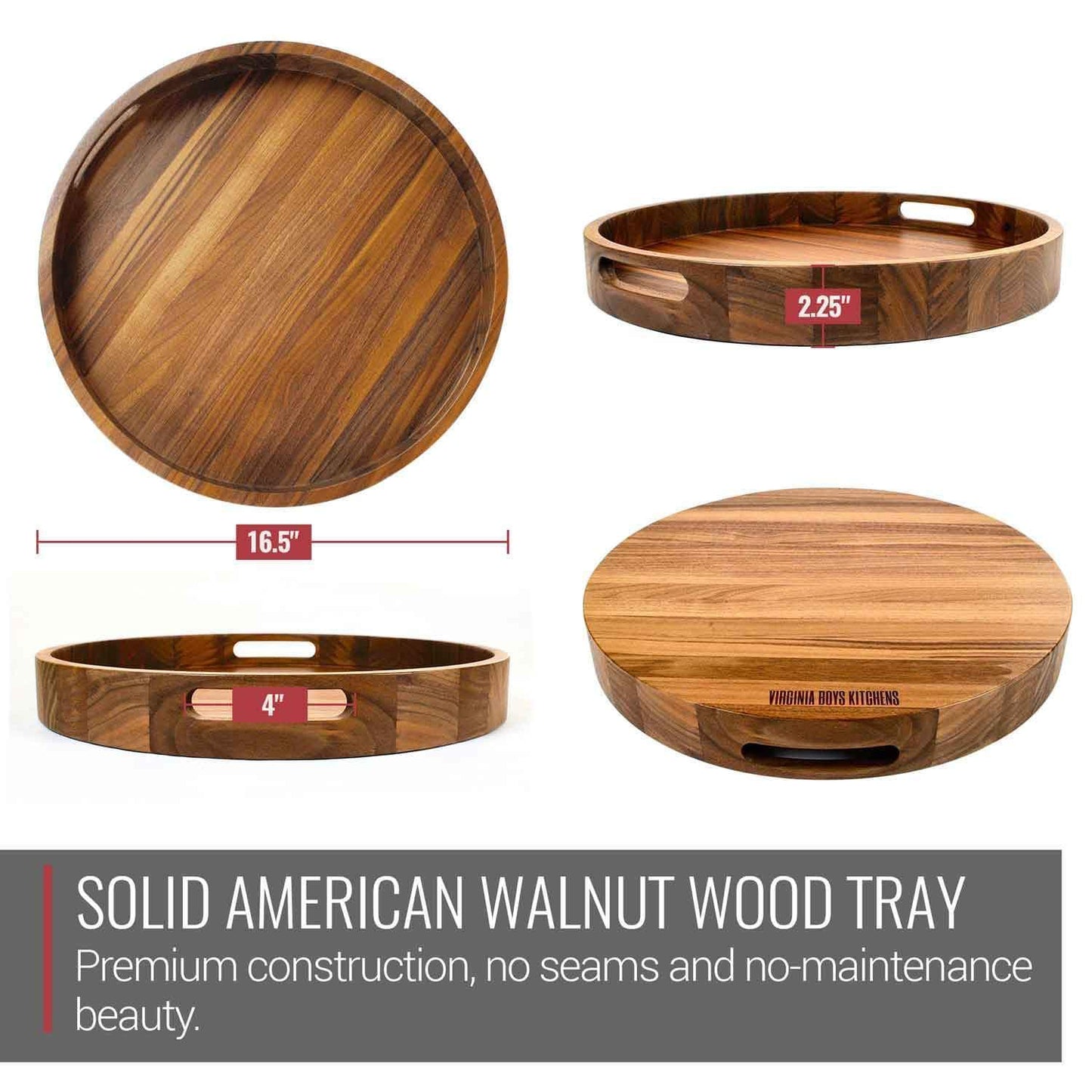 Virginia Boys Kitchens Serving Tray 16.5 Inch Round Walnut Wood Serving and Coffee Table Tray with Handles