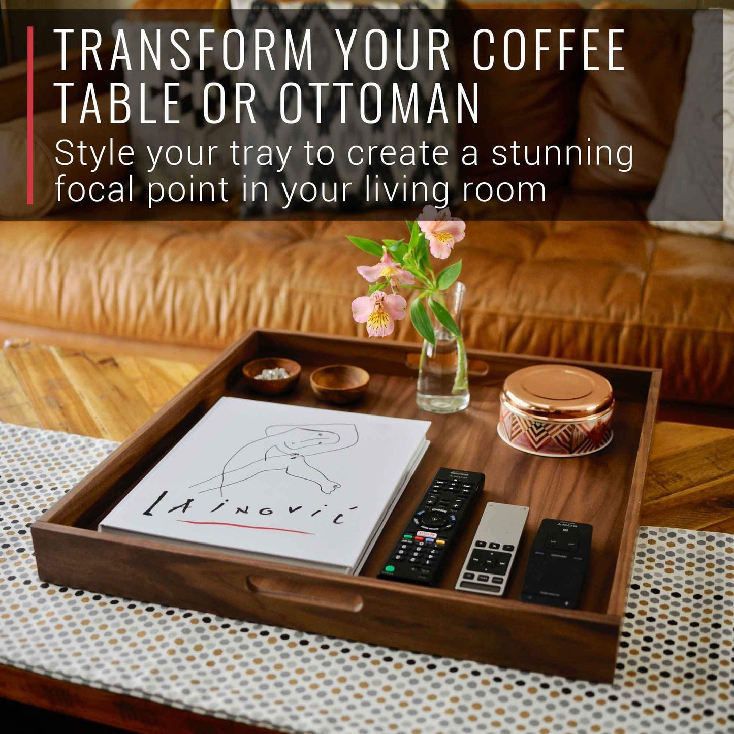 Virginia Boys Kitchens Serving Tray 20 x 20 Inch Square Walnut Wood Serving and Coffee Table Tray with Handles